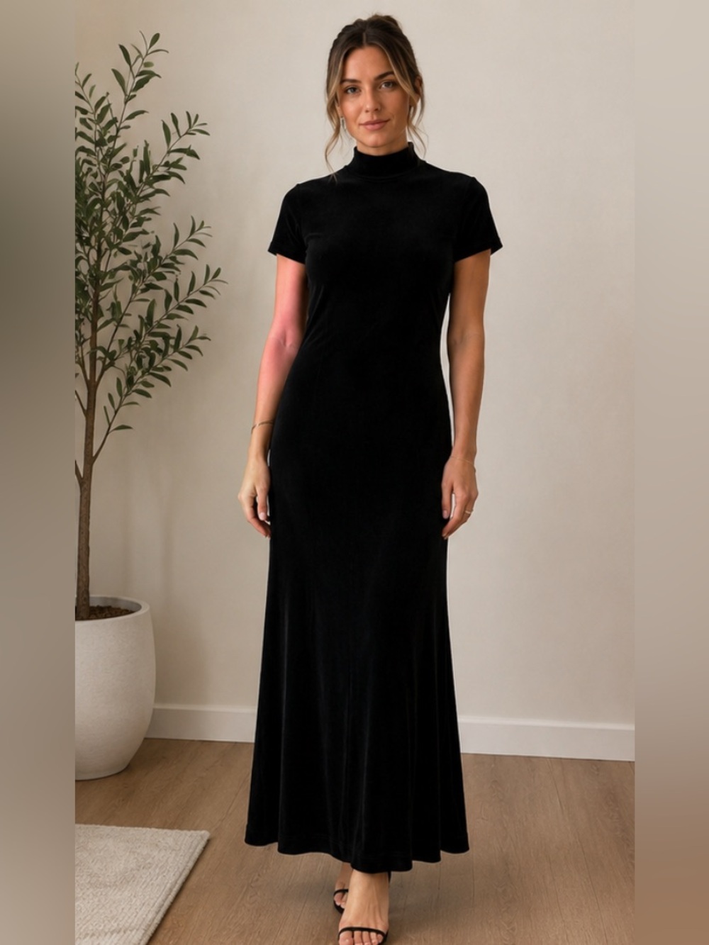 Moda International Maxi Mock Neck Dress Minimalist Whimsigoth Stretch 90s Y2K